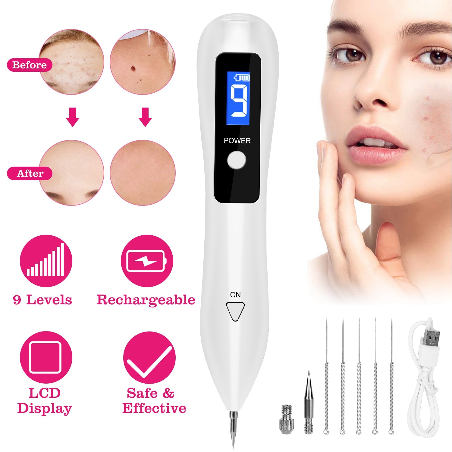 2 PCS Skin Tag Repair Kit Portable Beauty Equipment Multi-Level with Home Usage USB Charging LCD Level Adjustable 12 Replaceable Needles 266924-41