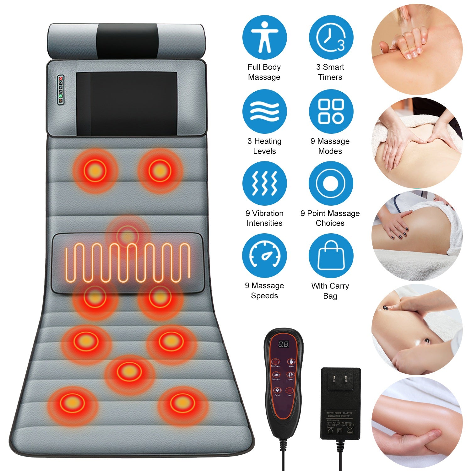Vibration Massage Mat (Full Body) + Neck Kneading Massager - 20 Nodes, 3 Massage Modes/Speeds, 9 Vibration Settings, 3-Level Lumbar Heat, Inflatable Waist Pillow - Perfect Gift for Family 266924-41