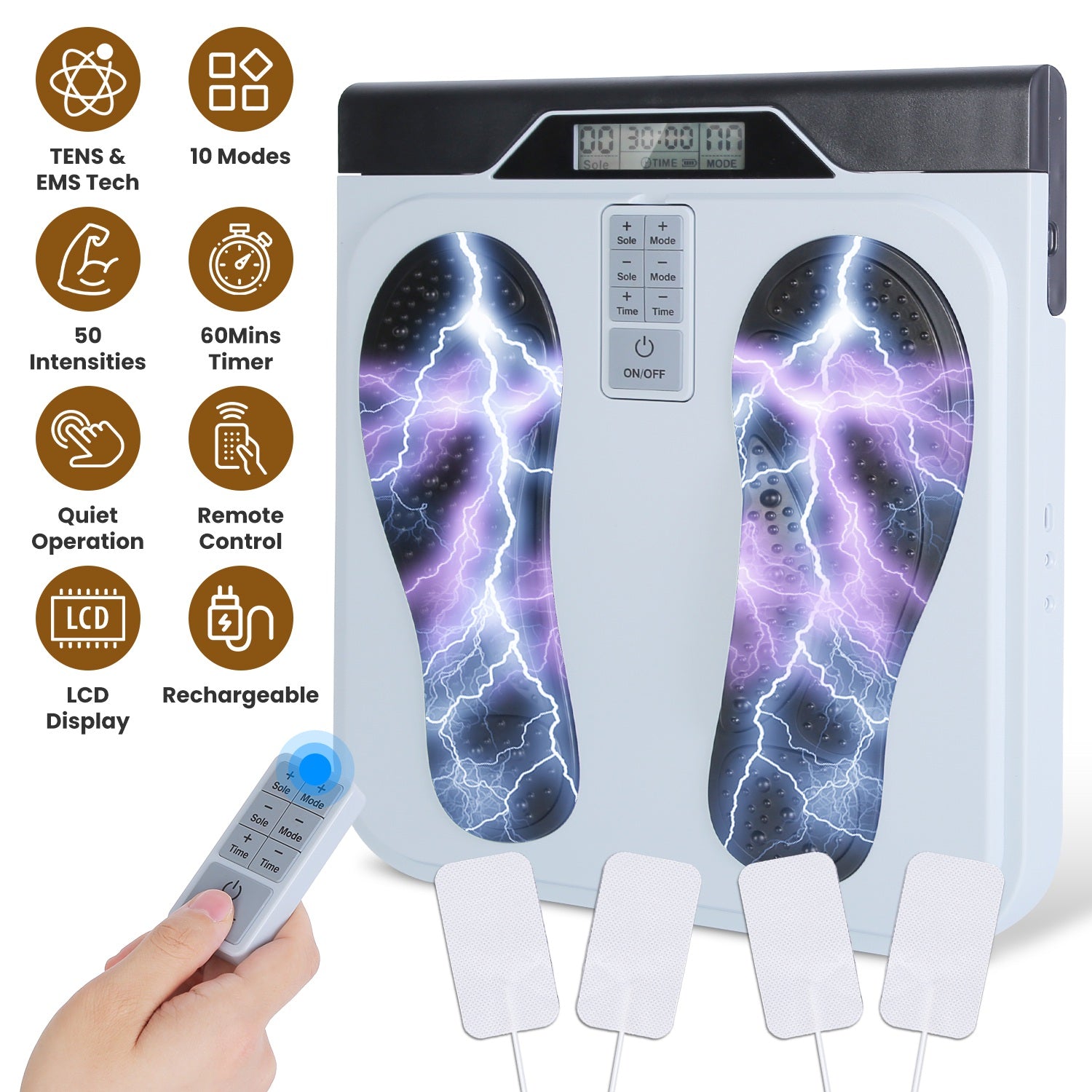 TENS & EMS Foot Massager with 10 Modes & 50 Intensity Levels - Electric Foot Stimulator for Neuropathy, Plantar Fasciitis & Pain Relief - 4 Electrode Pads for Full Body - Cordless with Remote Control 266924-41