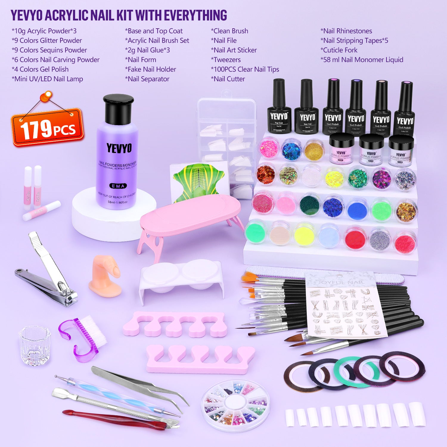 Acrylic Nail Kit with UV Light, 4 Colors Gel Polish Kit with 24 Glitter Colors Acrylic Powder Monomer Liquid 266924-41