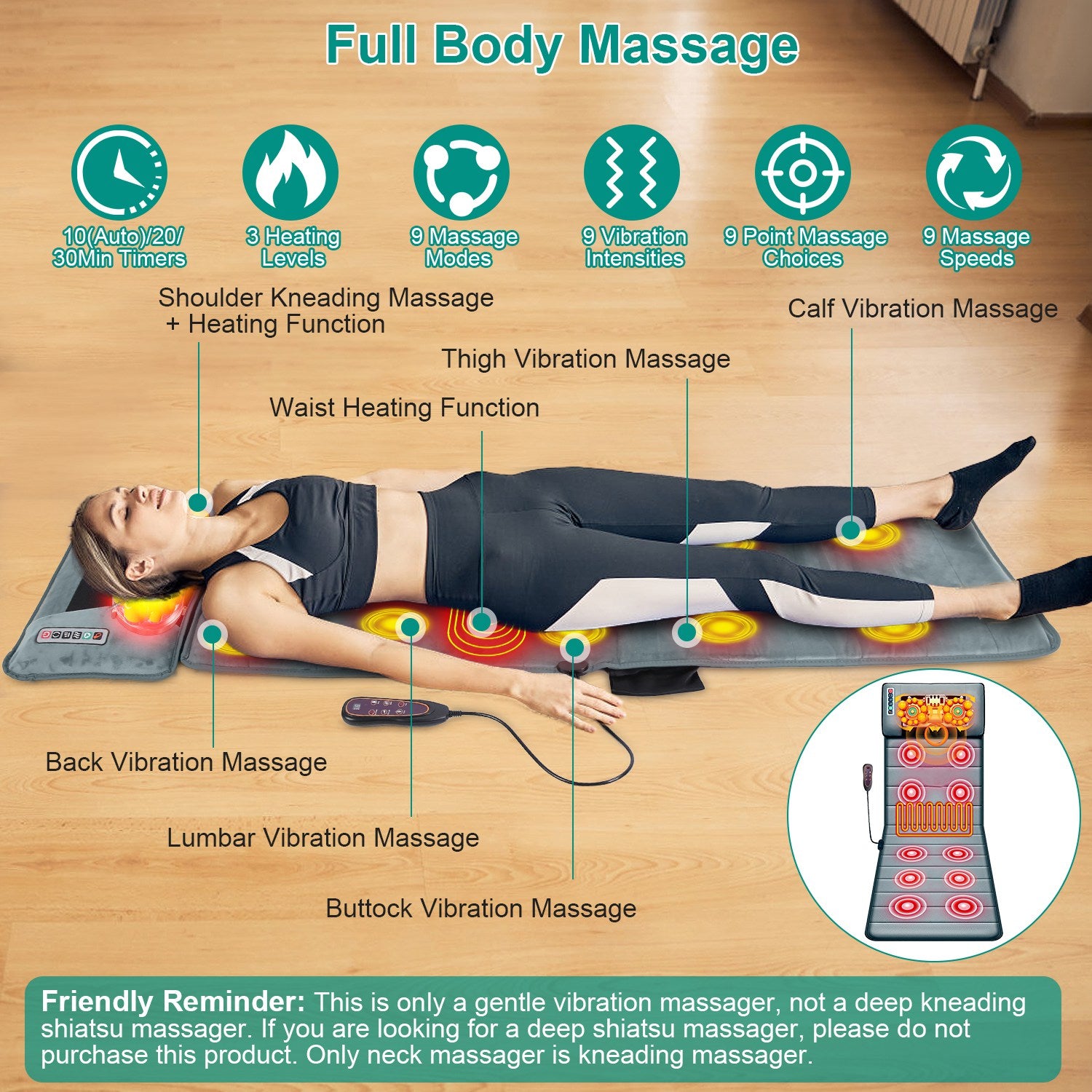 Full Body Massage Mat with Neck Kneading Massager - 10 Targeted Points + 3-Level Lumbar Heating, 9 Vibration Modes/9 Speeds, 20-Node Neck Massage (Heating + 3 Modes), 10-30min Smart Timer, Anti-Slip B 266924-41