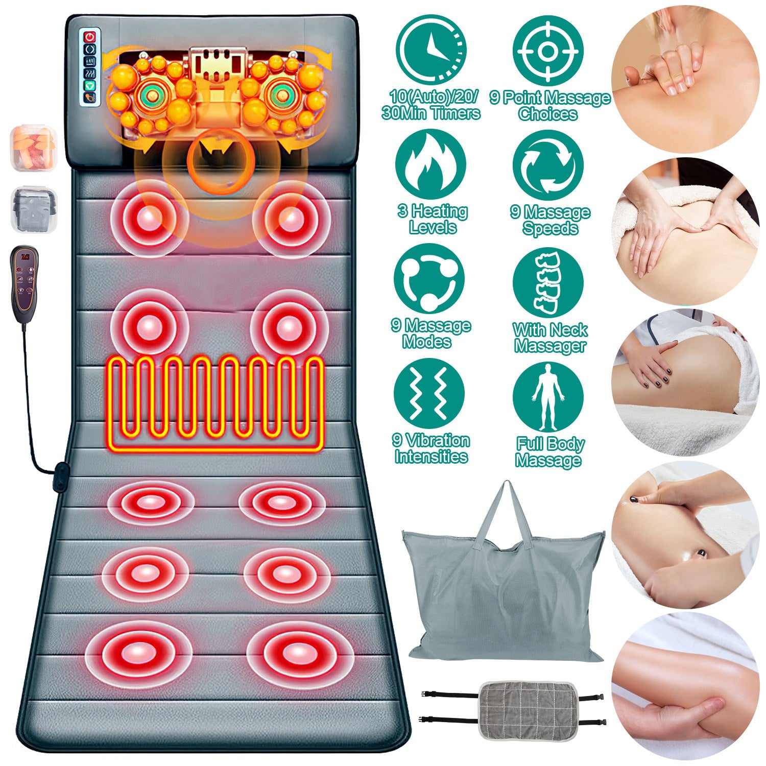 Full Body Massage Mat with Neck Kneading Massager - 10 Targeted Points + 3-Level Lumbar Heating, 9 Vibration Modes/9 Speeds, 20-Node Neck Massage (Heating + 3 Modes), 10-30min Smart Timer, Anti-Slip B 266924-41