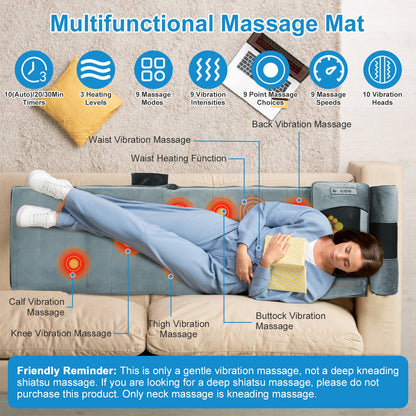 Vibration Massage Mat (Full Body) + Neck Kneading Massager - 20 Nodes, 3 Massage Modes/Speeds, 9 Vibration Settings, 3-Level Lumbar Heat, Inflatable Waist Pillow - Perfect Gift for Family 266924-41