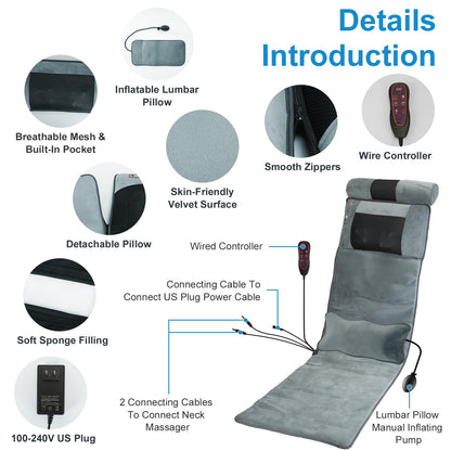 Vibration Massage Mat (Full Body) + Neck Kneading Massager - 20 Nodes, 3 Massage Modes/Speeds, 9 Vibration Settings, 3-Level Lumbar Heat, Inflatable Waist Pillow - Perfect Gift for Family 266924-41