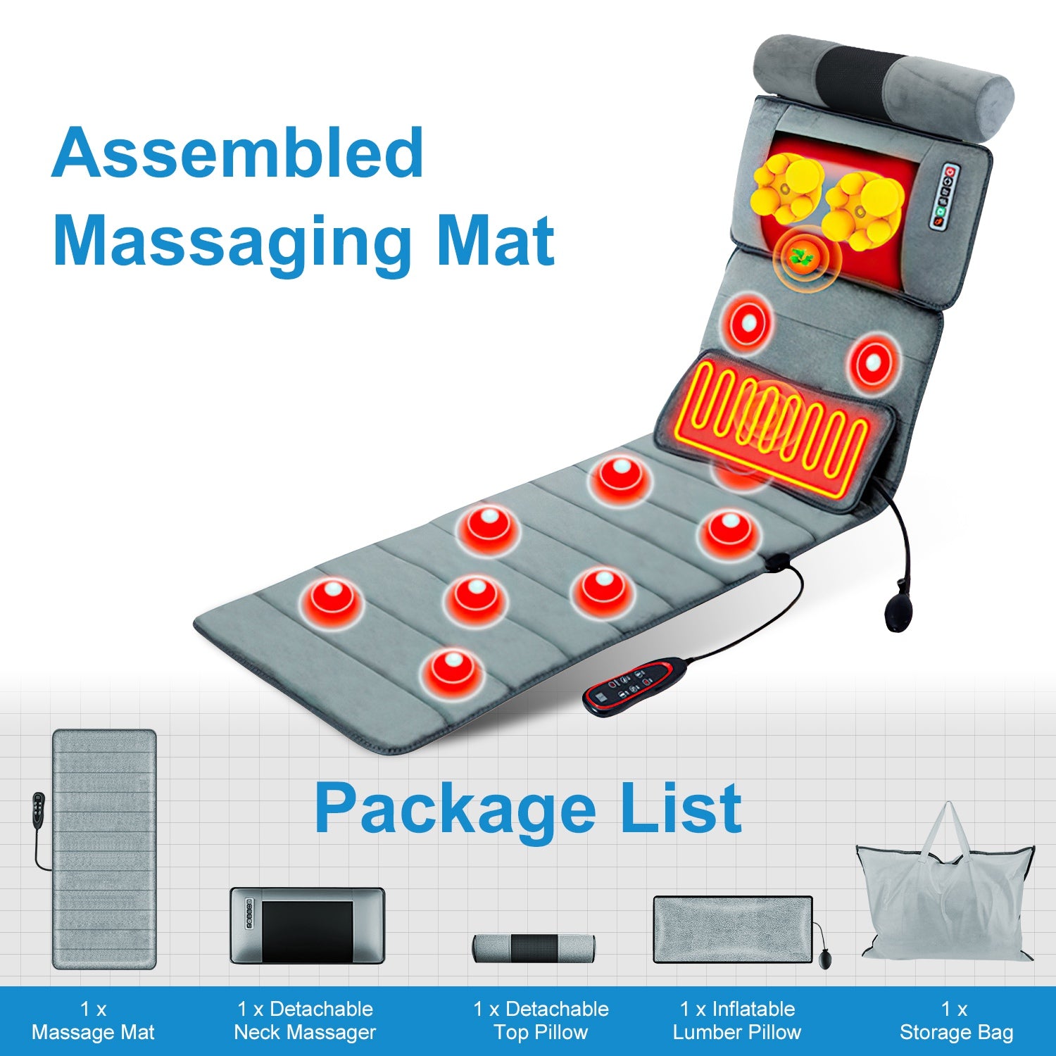 Vibration Massage Mat (Full Body) + Neck Kneading Massager - 20 Nodes, 3 Massage Modes/Speeds, 9 Vibration Settings, 3-Level Lumbar Heat, Inflatable Waist Pillow - Perfect Gift for Family 266924-41
