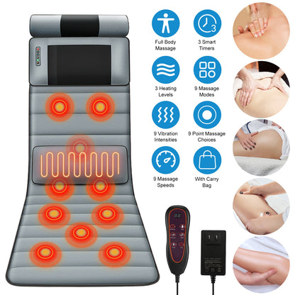 Vibration Massage Mat (Full Body) + Neck Kneading Massager - 20 Nodes, 3 Massage Modes/Speeds, 9 Vibration Settings, 3-Level Lumbar Heat, Inflatable Waist Pillow - Perfect Gift for Family 266924-41