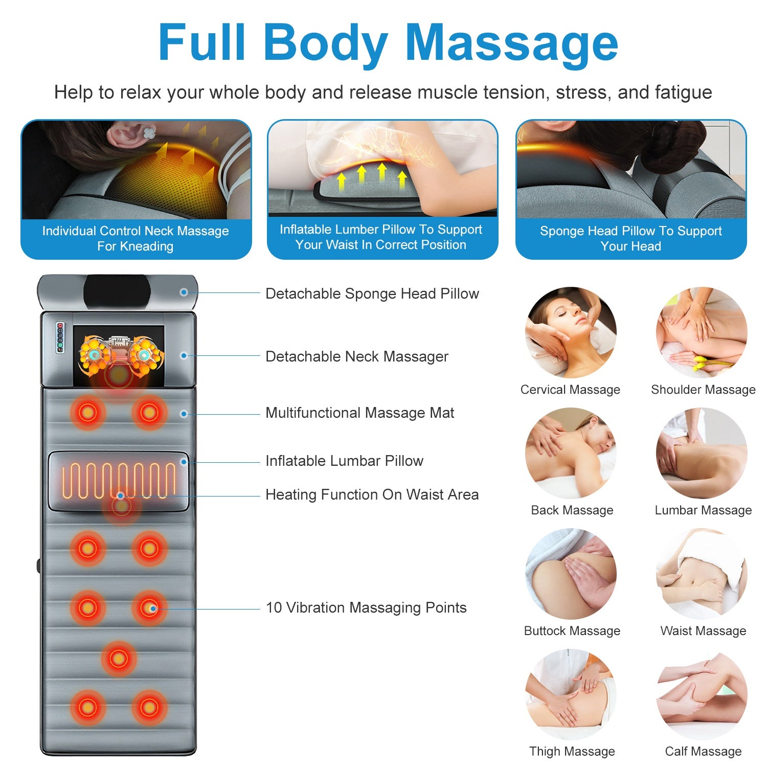 Vibration Massage Mat (Full Body) + Neck Kneading Massager - 20 Nodes, 3 Massage Modes/Speeds, 9 Vibration Settings, 3-Level Lumbar Heat, Inflatable Waist Pillow - Perfect Gift for Family 266924-41