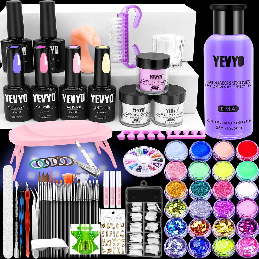 Acrylic Nail Kit with UV Light, 4 Colors Gel Polish Kit with 24 Glitter Colors Acrylic Powder Monomer Liquid 266924-41
