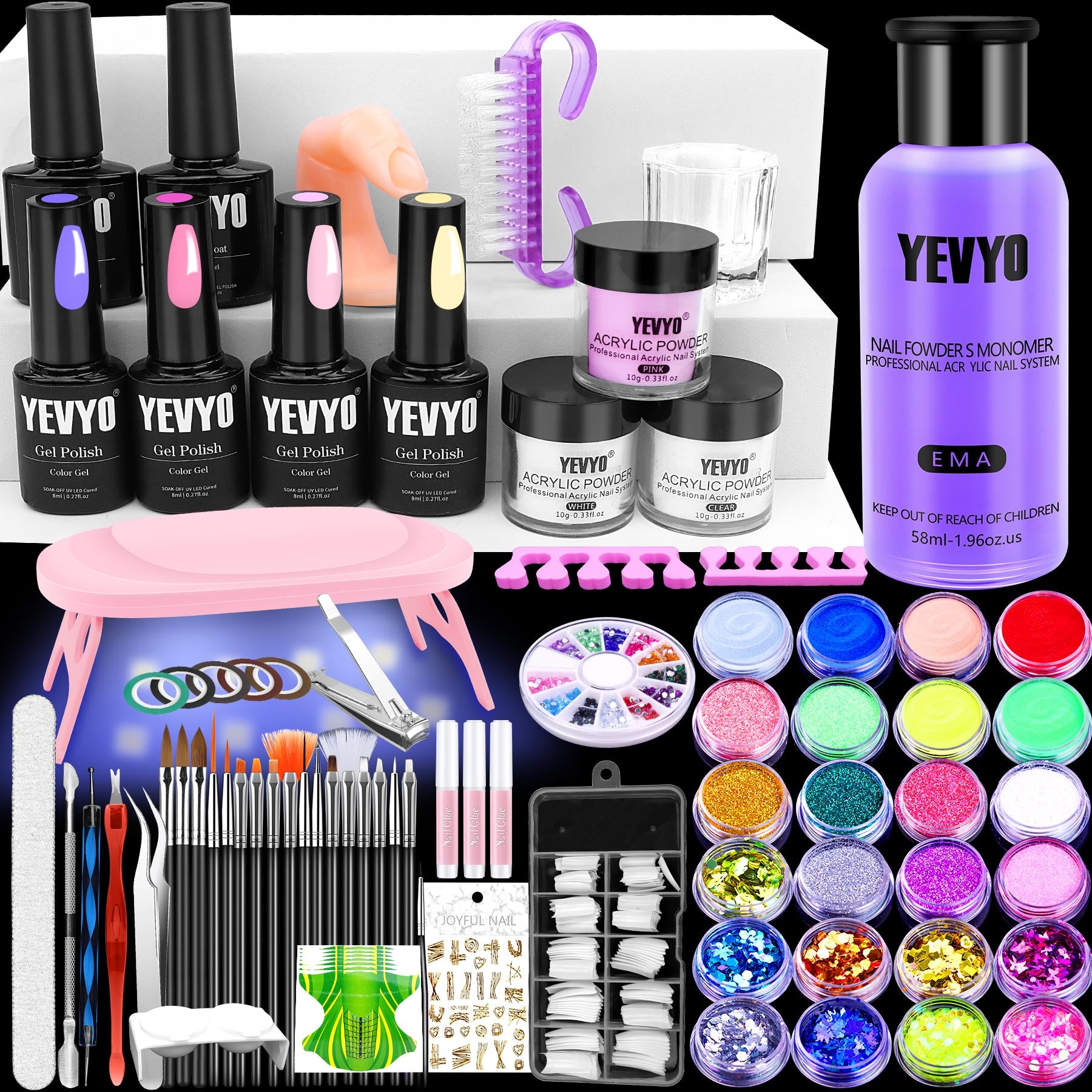 Acrylic Nail Kit with UV Light, 4 Colors Gel Polish Kit with 24 Glitter Colors Acrylic Powder Monomer Liquid 266924-41