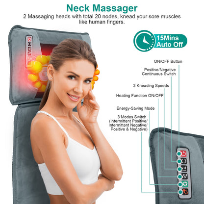 Full Body Massage Mat with Neck Kneading Massager - 10 Targeted Points + 3-Level Lumbar Heating, 9 Vibration Modes/9 Speeds, 20-Node Neck Massage (Heating + 3 Modes), 10-30min Smart Timer, Anti-Slip B 266924-41