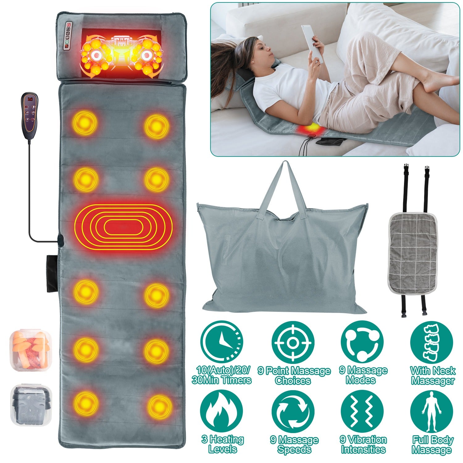 Full Body Massage Mat with Neck Kneading Massager - 10 Targeted Points + 3-Level Lumbar Heating, 9 Vibration Modes/9 Speeds, 20-Node Neck Massage (Heating + 3 Modes), 10-30min Smart Timer, Anti-Slip B 266924-41
